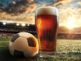 Enjoying a cold drink while watching soccer at sunset photo