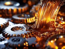 Oil flows over metallic gears in a mechanical setting photo