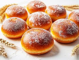 Freshly baked pastries arranged on a rustic table with wheat photo