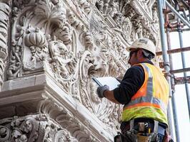 Worker inspects detailed stone carving on historical building site photo