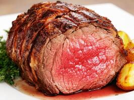 Perfectly cooked roast beef with crispy potatoes on a plate photo