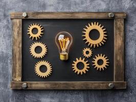 Creative display of gears and lightbulb on wooden frame photo