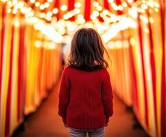 Child exploring colorful carnival lights in vibrant tunnel photo