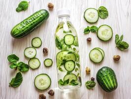 Cucumber mint water with fresh ingredients in bright light photo