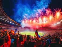 Fireworks light up a packed stadium during a match photo