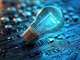 Light bulb illuminating circuit board with digital elements photo