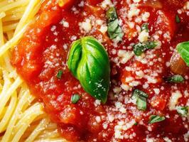 Delicious spaghetti topped with fresh basil and tomato sauce photo