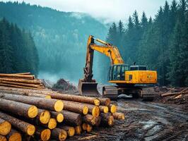 Excavator working among logs in dense forest during daylight photo