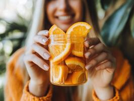 Woman holding a jar of orange slices in a bright setting photo
