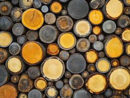 Various tree stump cross-sections stacked in a rustic arrangement photo
