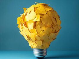 Creative light bulb made of yellow paper notes on a blue background photo