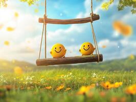 Joyful yellow smiley faces swing in a sunny park setting photo