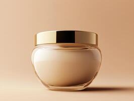 Elegant glass jar with cream on a peach background photo