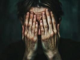 Person covering face with hands showing deep emotion and distress photo