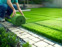 Installing artificial grass for a lush backyard landscape project photo