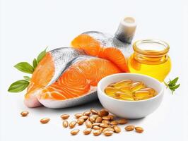 Fresh salmon fillet with oil and seeds on a bright background photo