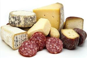 Assorted cheeses and charcuterie on a clean surface photo
