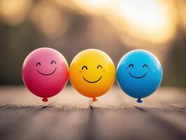 Colorful balloons with smiling faces on a wooden surface photo