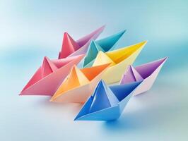Colorful paper boats in a whimsical design on blue photo