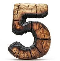 Wooden number five with cracks and texture on a white background photo