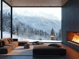 Modern living room with winter mountain view and fireplace photo