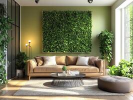 Stylish living room with greenery and natural light in modern design photo