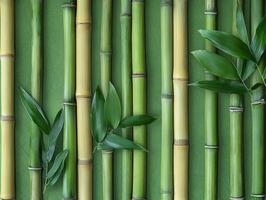 Bamboo stalks arranged on green background with leaves scattered photo