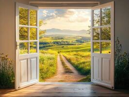 Scenic view from an open door showcasing a beautiful landscape photo