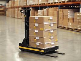 Warehouse manual pallet jack transporting stacked boxes photo