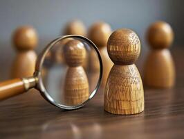 Examining wooden figures under a magnifying glass on a table photo