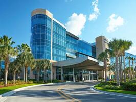 Modern hotel building with palm trees in sunny location photo