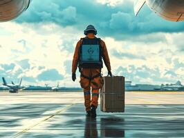 Worker transports cargo across the tarmac at the airport photo