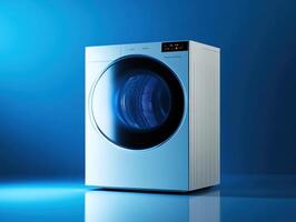 Modern washing machine showcased against a sleek blue background photo