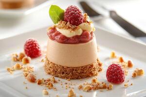 Delectable raspberry mousse dessert with crumble on fine plate photo