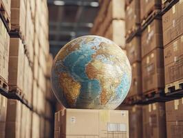 Globe positioned atop cardboard boxes in a warehouse setting photo