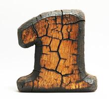 Wooden number one sculpture with rustic texture on white background photo