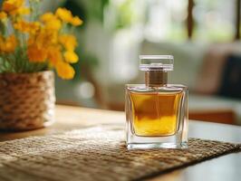 Elegant glass perfume bottle on a table with flowers in background photo