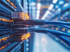 Network cables connected to servers in a data center environment photo