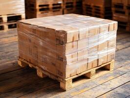 Warehouse pallet loaded with cardboard boxes in storage area photo