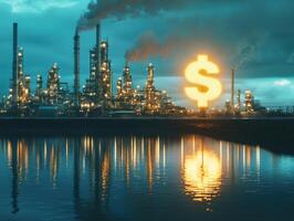Illuminated dollar sign shines over an oil refinery at dusk photo