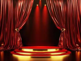 Elegant red curtain stage setup for a performance in a theater photo