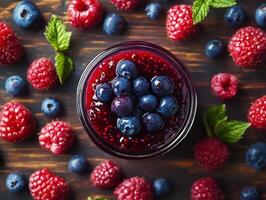 Delicious berry jam surrounded by fresh berries on wooden table photo