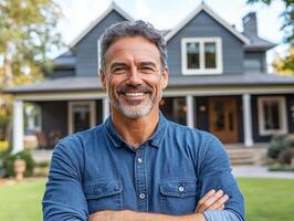 Smiling man standing proudly in front of his beautiful home photo
