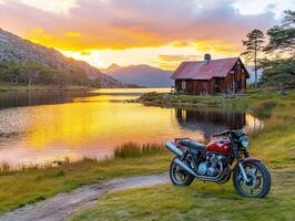 Breathtaking sunset view with a motorcycle near a serene lake photo