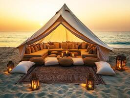 Cozy tent setup on the beach during sunset with soft lighting photo