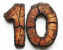 Wooden number ten with cracked texture on light background photo