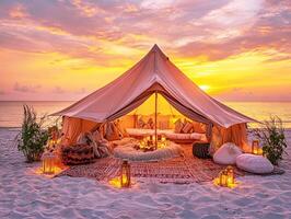 Relaxing beach tent with warm glow during sunset photo