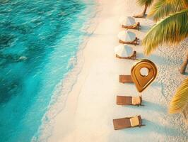 Relaxing loungers and beach umbrellas on a serene shoreline photo