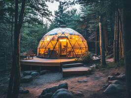 Unique geodesic dome cabin nestled in the forest at dusk photo