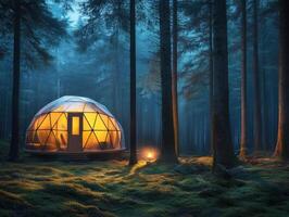 Cozy dome cabin glowing in a serene forest at twilight photo